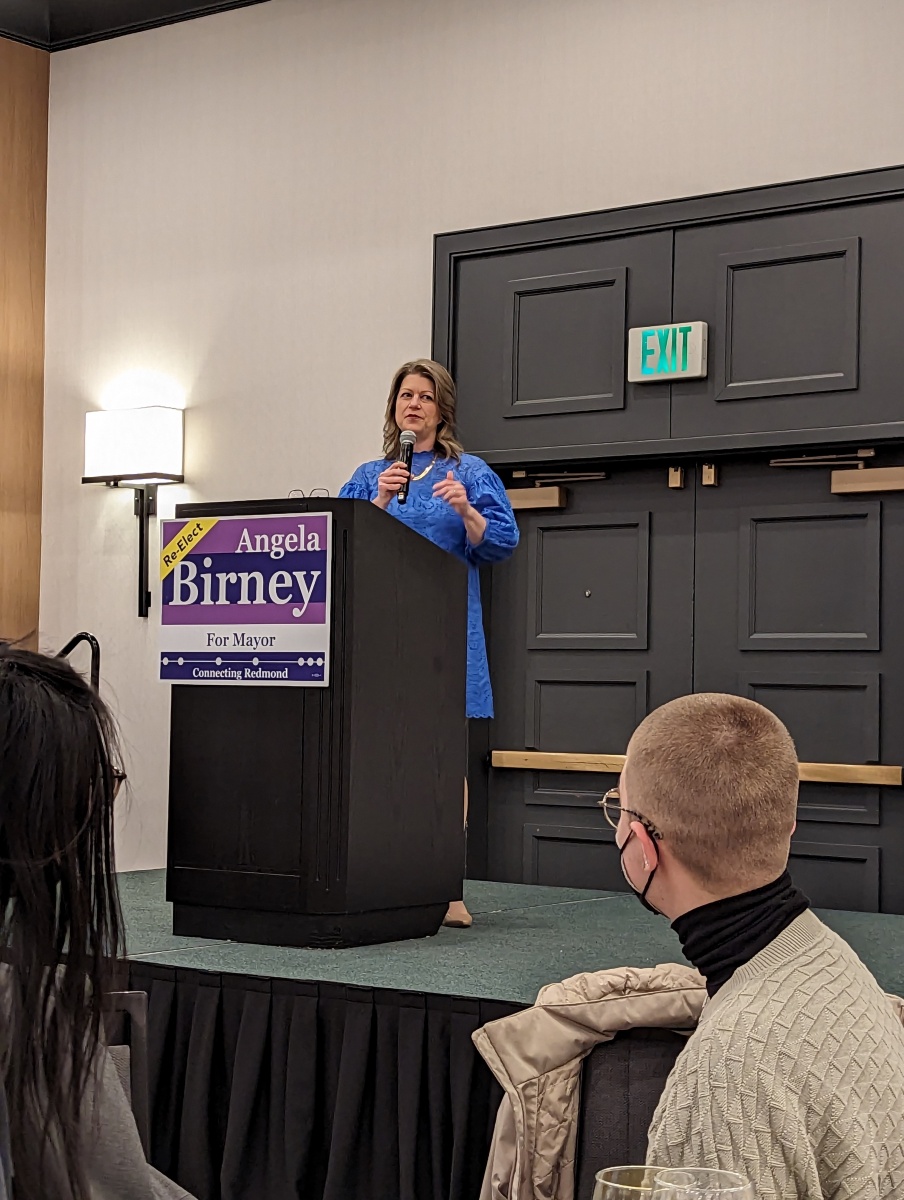 Angela speaking at her campaign kickoff breakfast