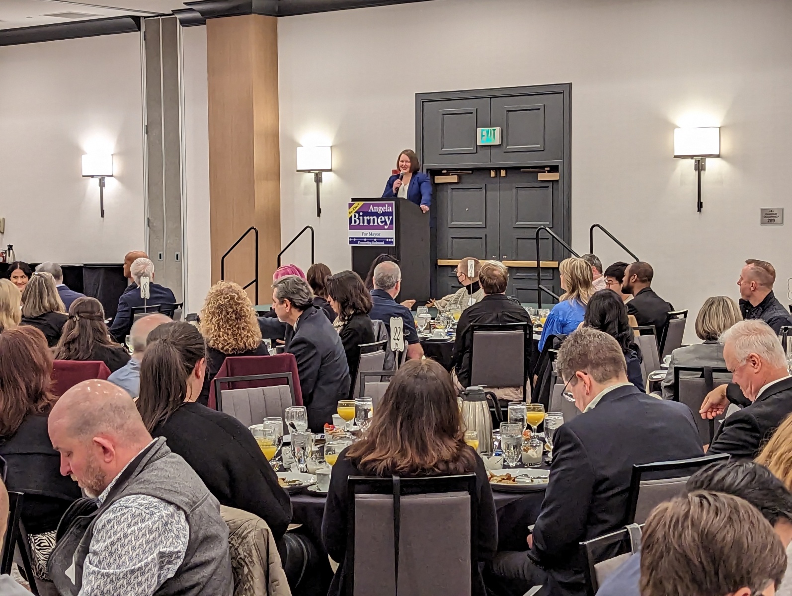 Speaker at Angela's campaign kickoff breakfast