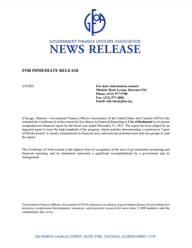 Award to Redmond of the Certificate of Achievement for Excellence in Financial Reporting